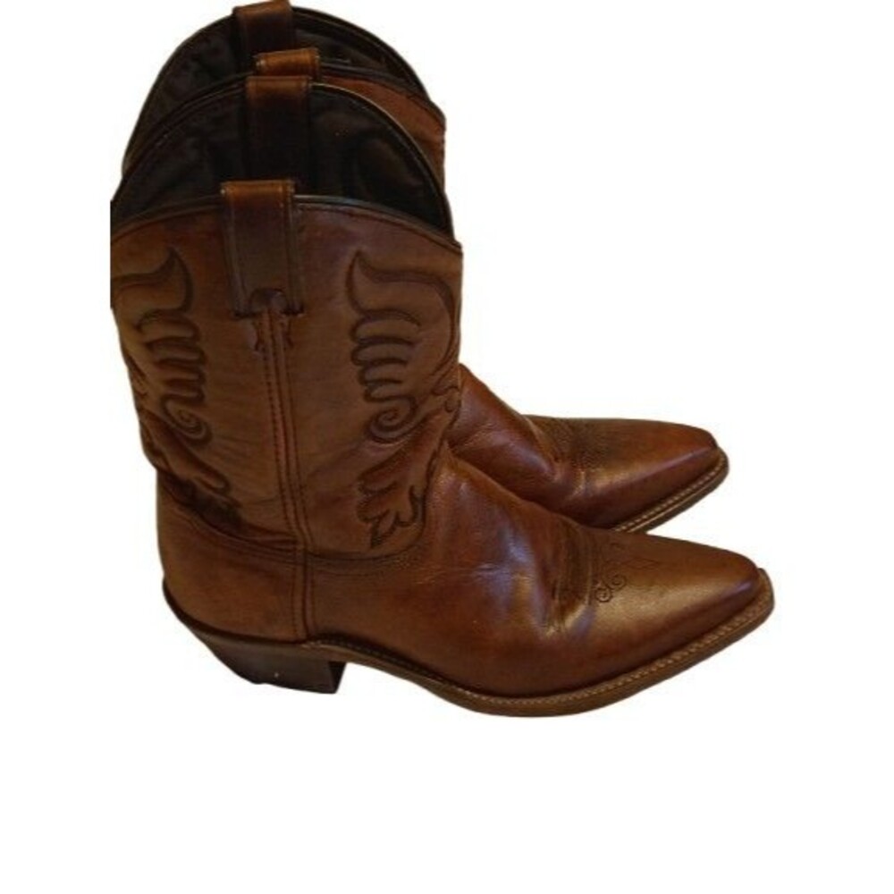 Vintage Western Leather Cowboy Boots Mens Brown Pointed Toe Shaft Stitching ~7